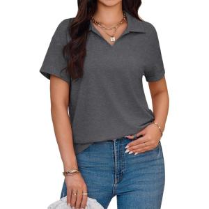 imageImily Bela Womens Short Sleeve Polo T Shirts V Neck Summer Casual Basic Tee TopsDark Grey