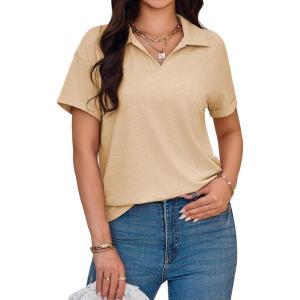 imageImily Bela Womens Short Sleeve Polo T Shirts V Neck Summer Casual Basic Tee TopsKhaki