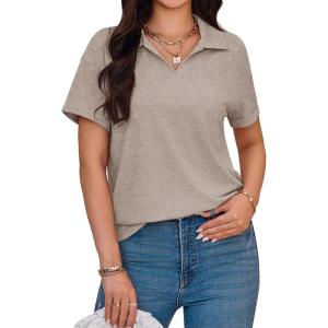 imageImily Bela Womens Short Sleeve Polo T Shirts V Neck Summer Casual Basic Tee TopsLight Brown