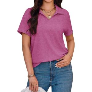 imageImily Bela Womens Short Sleeve Polo T Shirts V Neck Summer Casual Basic Tee TopsRose Red