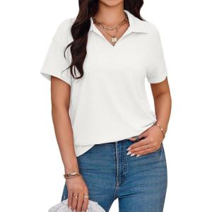 imageImily Bela Womens Short Sleeve Polo T Shirts V Neck Summer Casual Basic Tee TopsWhite