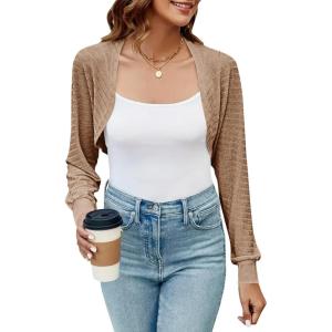imageImily Bela Womens Summer Cropped Cardigan Casual Long Sleeve Knit Sweaters Open Front Bolero Shrugs for DressesBrown