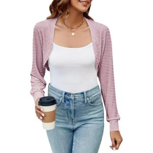 imageImily Bela Womens Summer Cropped Cardigan Casual Long Sleeve Knit Sweaters Open Front Bolero Shrugs for DressesPink