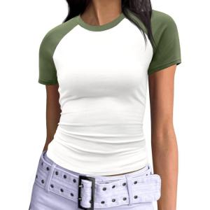 imageImily Bela Womens Summer Short Sleeve T Shirts Slim Fitted Raglan Color Block Crop Tops 2025 Basic Casual Y2k Stretchy TeeArmy Green
