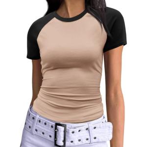 imageImily Bela Womens Summer Short Sleeve T Shirts Slim Fitted Raglan Color Block Crop Tops 2025 Basic Casual Y2k Stretchy TeeBlackbrown