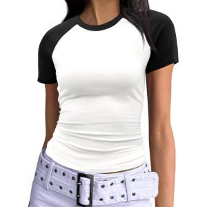 imageImily Bela Womens Summer Short Sleeve T Shirts Slim Fitted Raglan Color Block Crop Tops 2025 Basic Casual Y2k Stretchy TeeBlackwhite