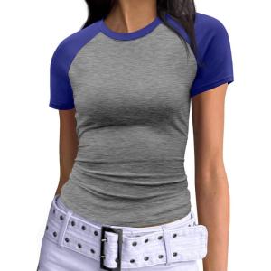 imageImily Bela Womens Summer Short Sleeve T Shirts Slim Fitted Raglan Color Block Crop Tops 2025 Basic Casual Y2k Stretchy TeeBlush Gray