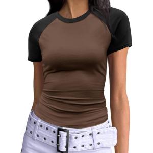 imageImily Bela Womens Summer Short Sleeve T Shirts Slim Fitted Raglan Color Block Crop Tops 2025 Basic Casual Y2k Stretchy TeeDark Brown
