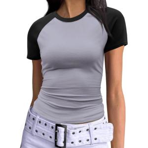 imageImily Bela Womens Summer Short Sleeve T Shirts Slim Fitted Raglan Color Block Crop Tops 2025 Basic Casual Y2k Stretchy TeeDark Grey
