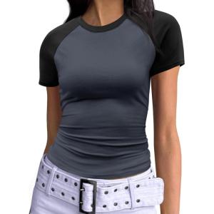 imageImily Bela Womens Summer Short Sleeve T Shirts Slim Fitted Raglan Color Block Crop Tops 2025 Basic Casual Y2k Stretchy TeeDark Greyblack