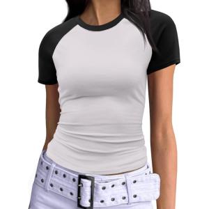 imageImily Bela Womens Summer Short Sleeve T Shirts Slim Fitted Raglan Color Block Crop Tops 2025 Basic Casual Y2k Stretchy TeeKhaki