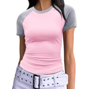 imageImily Bela Womens Summer Short Sleeve T Shirts Slim Fitted Raglan Color Block Crop Tops 2025 Basic Casual Y2k Stretchy TeePink