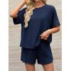 imageImily Bela Womens 2 Piece Outfits 2025 Oversized Summer Short Sets Casual Beach Ribbed Short Sleeve Matching SetNavy