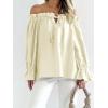 imageImily Bela Womens Off The Shoulder Tops Puff Long Sleeve Tie Front Loose Fit Ruffle Shirts BlousesApricot