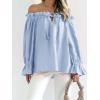imageImily Bela Womens Off The Shoulder Tops Puff Long Sleeve Tie Front Loose Fit Ruffle Shirts BlousesBlue