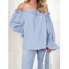 imageImily Bela Womens Off The Shoulder Tops Puff Long Sleeve Tie Front Loose Fit Ruffle Shirts BlousesBlue