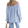imageImily Bela Womens Off The Shoulder Tops Puff Long Sleeve Tie Front Loose Fit Ruffle Shirts BlousesBlue