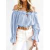 imageImily Bela Womens Off The Shoulder Tops Puff Long Sleeve Tie Front Loose Fit Ruffle Shirts BlousesBlue