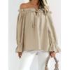 imageImily Bela Womens Off The Shoulder Tops Puff Long Sleeve Tie Front Loose Fit Ruffle Shirts BlousesKhaki