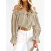 imageImily Bela Womens Off The Shoulder Tops Puff Long Sleeve Tie Front Loose Fit Ruffle Shirts BlousesKhaki