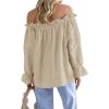 imageImily Bela Womens Off The Shoulder Tops Puff Long Sleeve Tie Front Loose Fit Ruffle Shirts BlousesKhaki