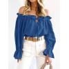 imageImily Bela Womens Off The Shoulder Tops Puff Long Sleeve Tie Front Loose Fit Ruffle Shirts BlousesNavy