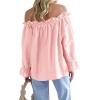 imageImily Bela Womens Off The Shoulder Tops Puff Long Sleeve Tie Front Loose Fit Ruffle Shirts BlousesPink