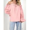 imageImily Bela Womens Off The Shoulder Tops Puff Long Sleeve Tie Front Loose Fit Ruffle Shirts BlousesPink