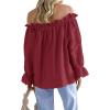 imageImily Bela Womens Off The Shoulder Tops Puff Long Sleeve Tie Front Loose Fit Ruffle Shirts BlousesWine Red