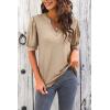 imageImily Bela Womens V Neck T Shirts Casual Puff Sleeve Loose Dressy Blouses Summer TopsKhaki