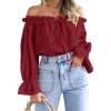 imageImily Bela Womens Off The Shoulder Tops Puff Long Sleeve Tie Front Loose Fit Ruffle Shirts BlousesWine Red
