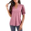 imageImily Bela Womens V Neck T Shirts Casual Puff Sleeve Loose Dressy Blouses Summer TopsCoral Pink