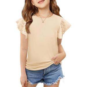 imageImily Bela Girls Ruffle Sleeve Shirts Summer Crewneck Eyelet Tee Tops Casual Cute Blouse 415 YearsApricot