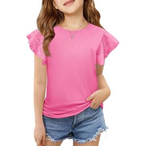 imageImily Bela Girls Ruffle Sleeve Shirts Summer Crewneck Eyelet Tee Tops Casual Cute Blouse 415 YearsBright Pink