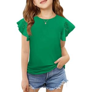 imageImily Bela Girls Ruffle Sleeve Shirts Summer Crewneck Eyelet Tee Tops Casual Cute Blouse 415 YearsGreen
