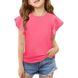 imageImily Bela Girls Ruffle Sleeve Shirts Summer Crewneck Eyelet Tee Tops Casual Cute Blouse 415 YearsHot Pink