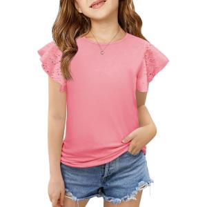 imageImily Bela Girls Ruffle Sleeve Shirts Summer Crewneck Eyelet Tee Tops Casual Cute Blouse 415 YearsLight Pink