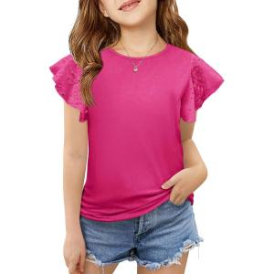 imageImily Bela Girls Ruffle Sleeve Shirts Summer Crewneck Eyelet Tee Tops Casual Cute Blouse 415 YearsRose Red