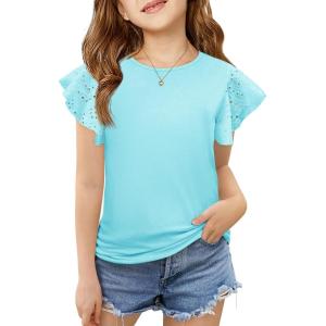 imageImily Bela Girls Ruffle Sleeve Shirts Summer Crewneck Eyelet Tee Tops Casual Cute Blouse 415 YearsSky Blue