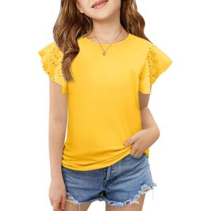 imageImily Bela Girls Ruffle Sleeve Shirts Summer Crewneck Eyelet Tee Tops Casual Cute Blouse 415 YearsYellow