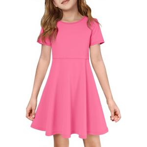 imageImily Bela Girls Summer Short Sleeve Dress A Line Swing Basic Skater Twirl Party Dresses 514 YearsBright Pink