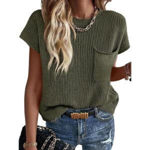 imageImily Bela Summer Short Sleeve Sweater for Women 2025 Crew Neck Ribbed Knit Vests Trendy Pullover TopsArmy Green