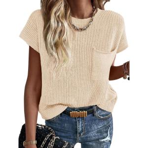 imageImily Bela Summer Short Sleeve Sweater for Women 2025 Crew Neck Ribbed Knit Vests Trendy Pullover TopsBeige