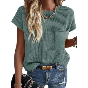 imageImily Bela Summer Short Sleeve Sweater for Women 2025 Crew Neck Ribbed Knit Vests Trendy Pullover TopsGreyish Green