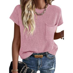 imageImily Bela Summer Short Sleeve Sweater for Women 2025 Crew Neck Ribbed Knit Vests Trendy Pullover TopsLight Pink