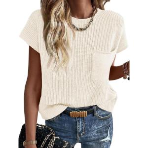 imageImily Bela Summer Short Sleeve Sweater for Women 2025 Crew Neck Ribbed Knit Vests Trendy Pullover TopsWhite