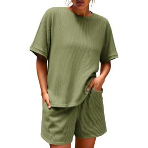 imageImily Bela Womens 2 Piece Outfits 2025 Oversized Summer Short Sets Casual Beach Ribbed Short Sleeve Matching SetArmy Green