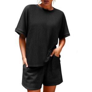 imageImily Bela Womens 2 Piece Outfits 2025 Oversized Summer Short Sets Casual Beach Ribbed Short Sleeve Matching SetBlack