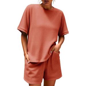 imageImily Bela Womens 2 Piece Outfits 2025 Oversized Summer Short Sets Casual Beach Ribbed Short Sleeve Matching SetBrick Red