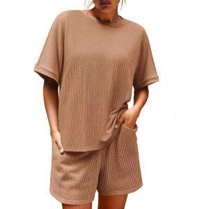 imageImily Bela Womens 2 Piece Outfits 2025 Oversized Summer Short Sets Casual Beach Ribbed Short Sleeve Matching SetKhaki